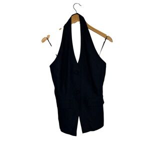 Steve Madden Halter Vest Top M Black Linen Blend Backless Button Front